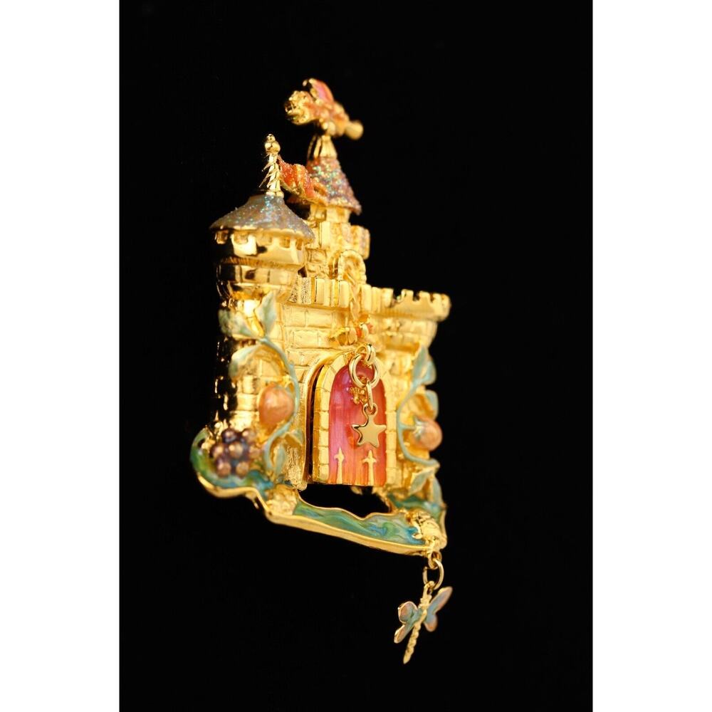 Kirks Folly Vintage Castle Pin Brooch Drawbridge Crystal Brushed Gold NOS BOX - Picture 4 of 12
